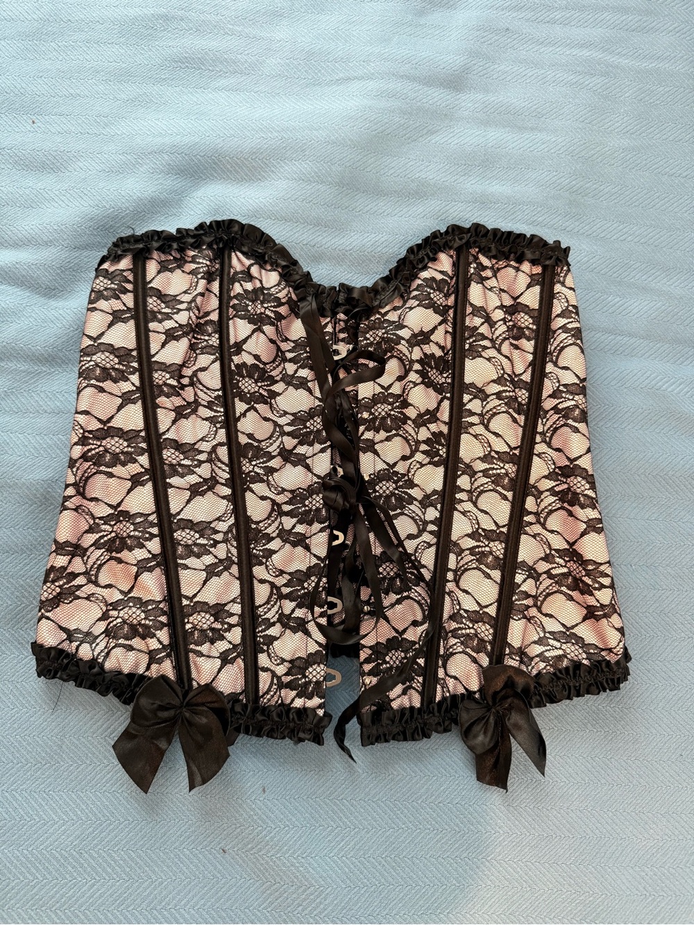 Satin and Black Floral Lace Lace-Up Bustier
